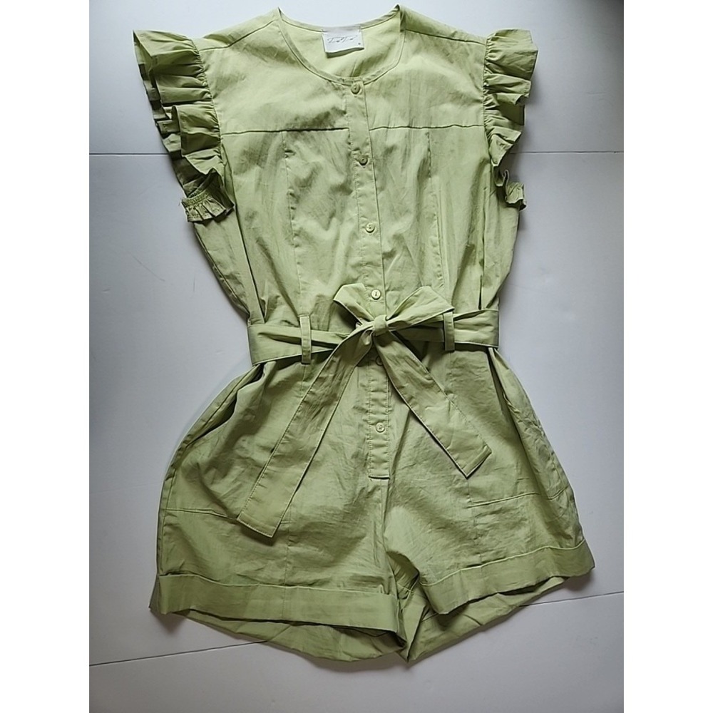 Deedee Women's Medium Light Green Cotton Romper Ruffle Sleeve Tie Waist Boho